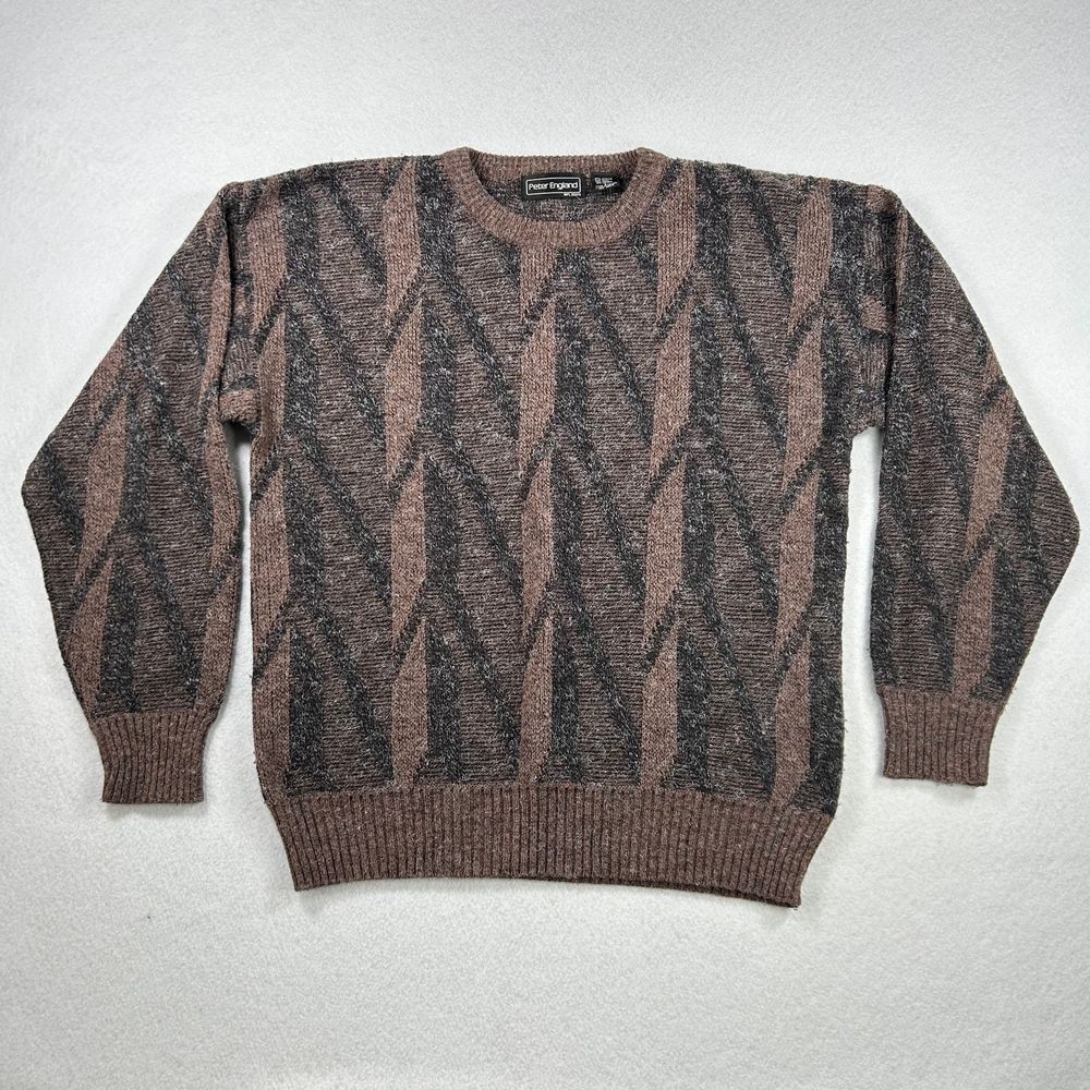 Peter England Sweater Mens Large Brown Geometric Diamond Wool VTG‎ Knit Crewneck